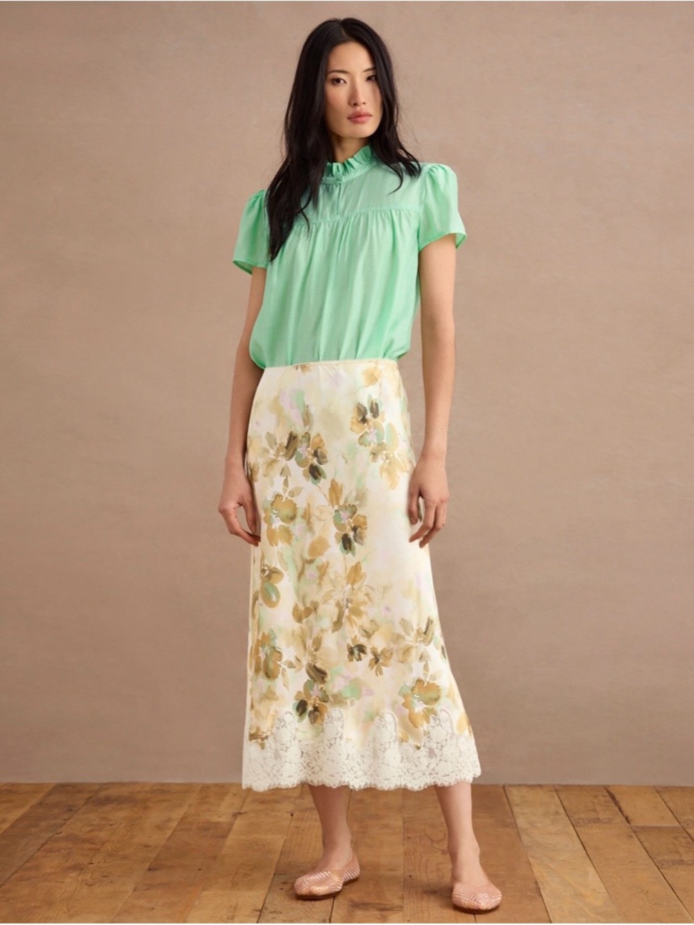 CAbi Spring 2026Cream Floral Lace-Hem Midi Skirt with Soft Yellow & Green Blooms